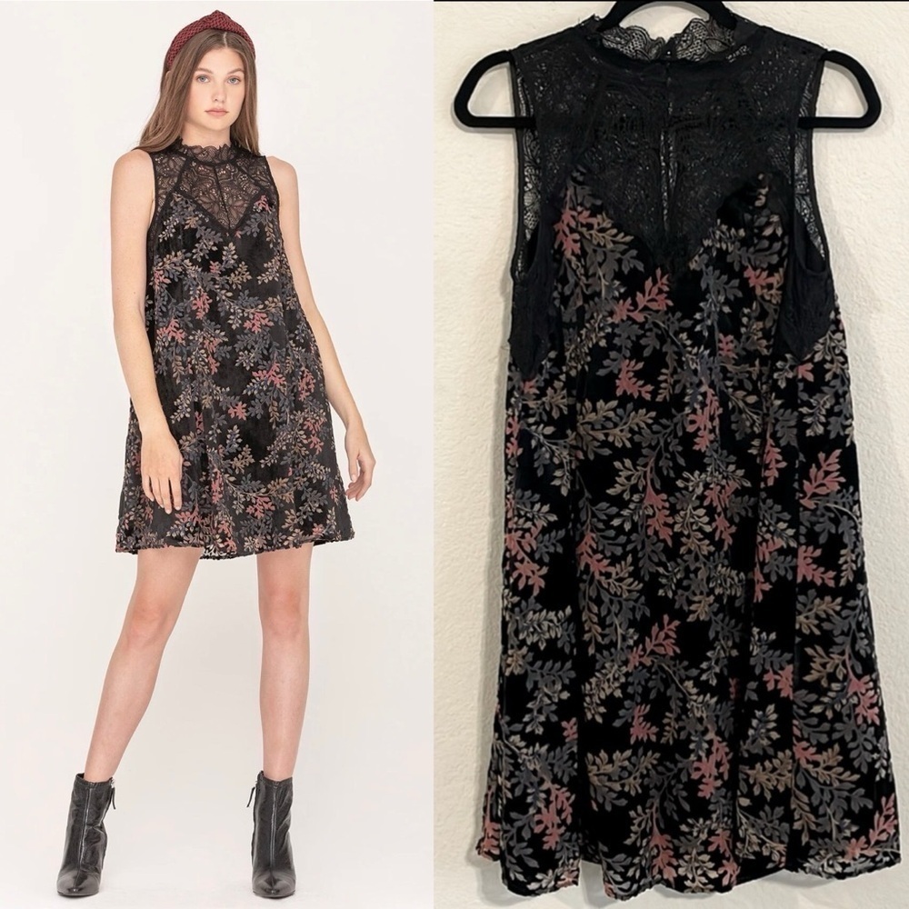 Miss Me Women’s Midi Swing Dress Medium Velet Floral Lace Mock Neck